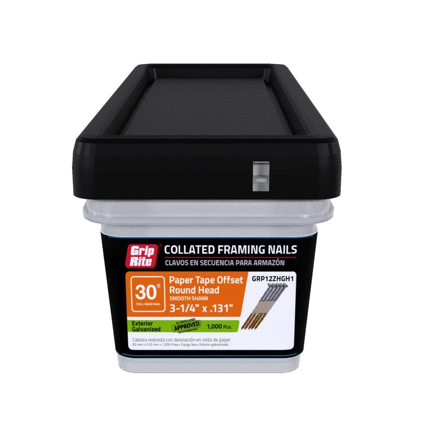Grip-Rite 3-1/4 In. 12 Ga. Angled Strip Hot-Dip Galvanized Framing Nails 30 Deg 1000 Pk 1 Grip-Rite 3-1/4 In. 12 Ga. Angled Strip Hot-Dip Galvanized Framing Nails 30 Deg 1000 Pk