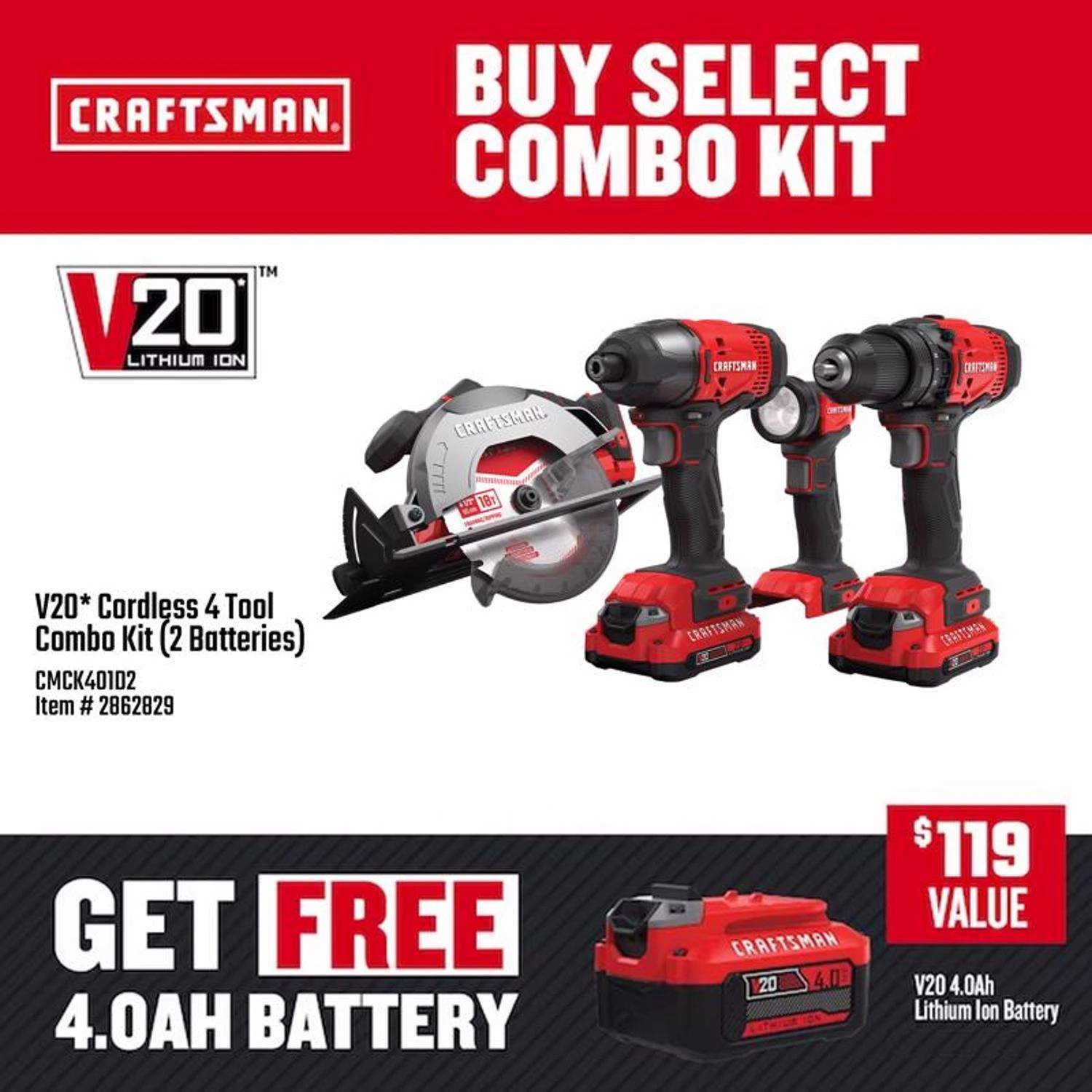 Craftsman V20 Cordless Brushed 4 Tool Combo Kit 2 Craftsman V20 Cordless Brushed 4 Tool Combo Kit - Image 2