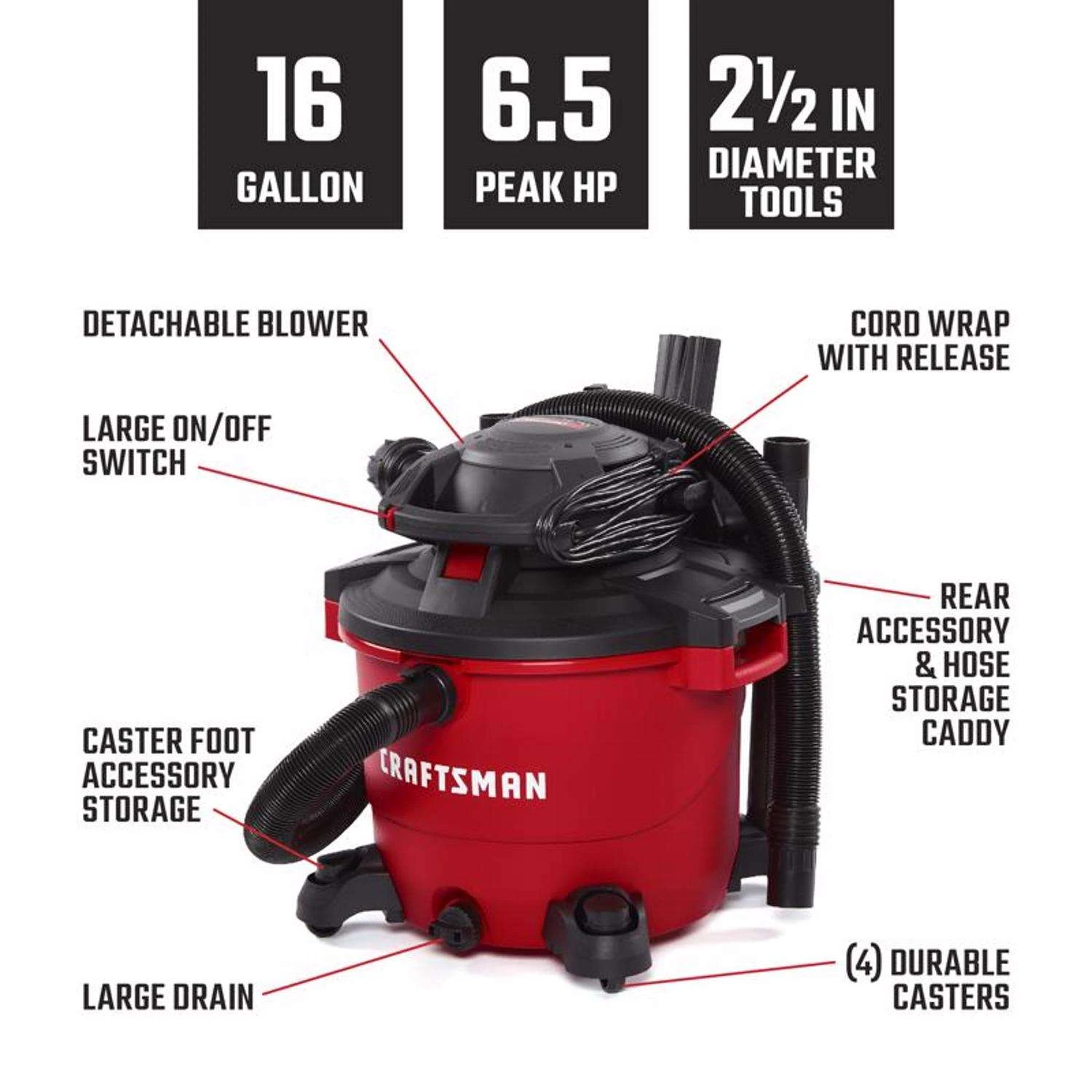 Craftsman 16 Gal Corded Wet/Dry Vacuum With Blower 12 Amps 120 V 6.5 HP 3 Craftsman 16 Gal Corded Wet/Dry Vacuum With Blower 12 Amps 120 V 6.5 HP - Image 3