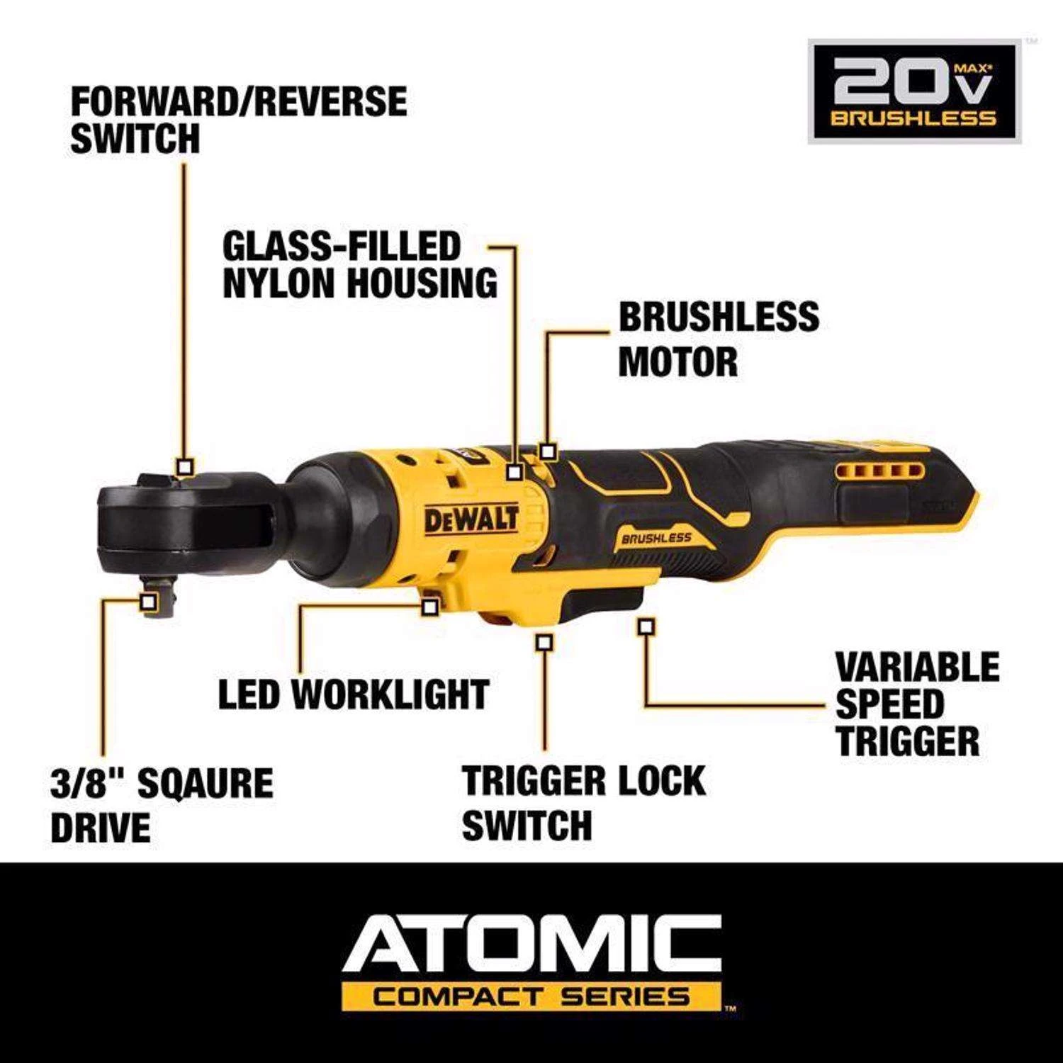 DeWalt 20V MAX ATOMIC 3/8 In. Brushless Cordless Ratchet Tool Only 2 DeWalt 20V MAX ATOMIC 3/8 In. Brushless Cordless Ratchet Tool Only - Image 2