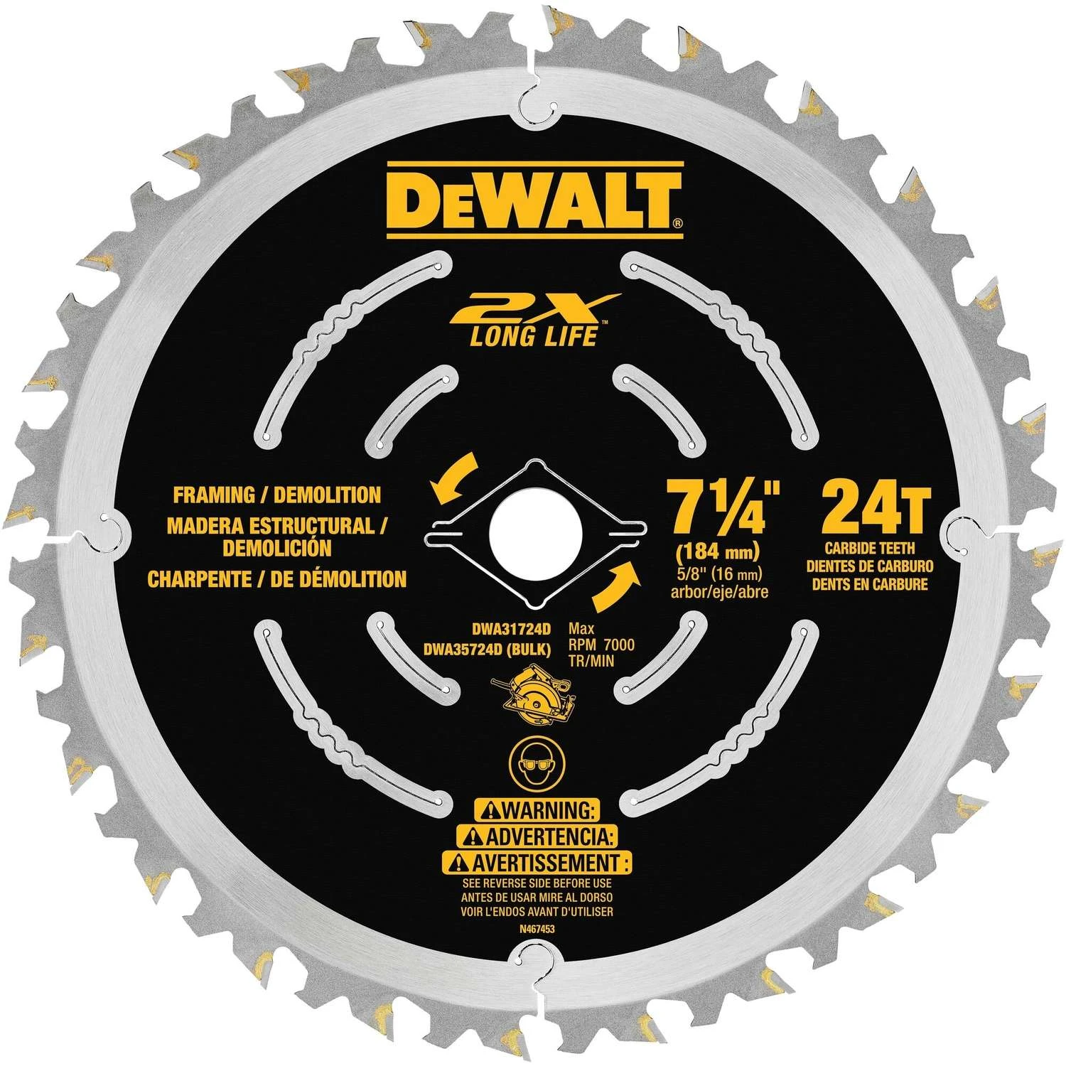 DeWalt 7-1/4 In. D X 5/8 In. Carbide Saw Blade 24 Teeth 1 Pk 1 DeWalt 7-1/4 In. D X 5/8 In. Carbide Saw Blade 24 Teeth 1 Pk
