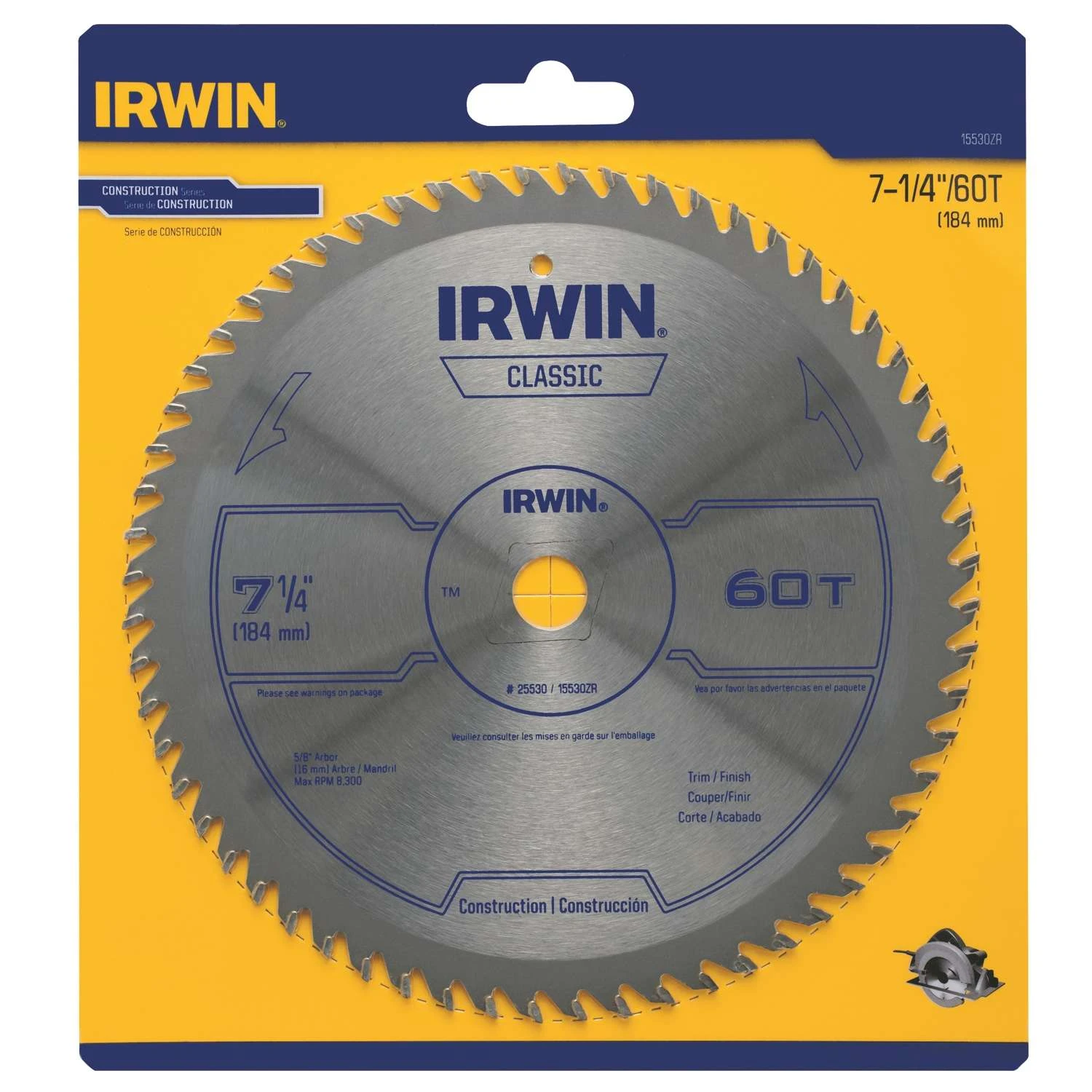 Irwin 7-1/4 In. D X 5/8 In. Classic Carbide Circular Saw Blade 60 Teeth 1 Pk 1 Irwin 7-1/4 In. D X 5/8 In. Classic Carbide Circular Saw Blade 60 Teeth 1 Pk