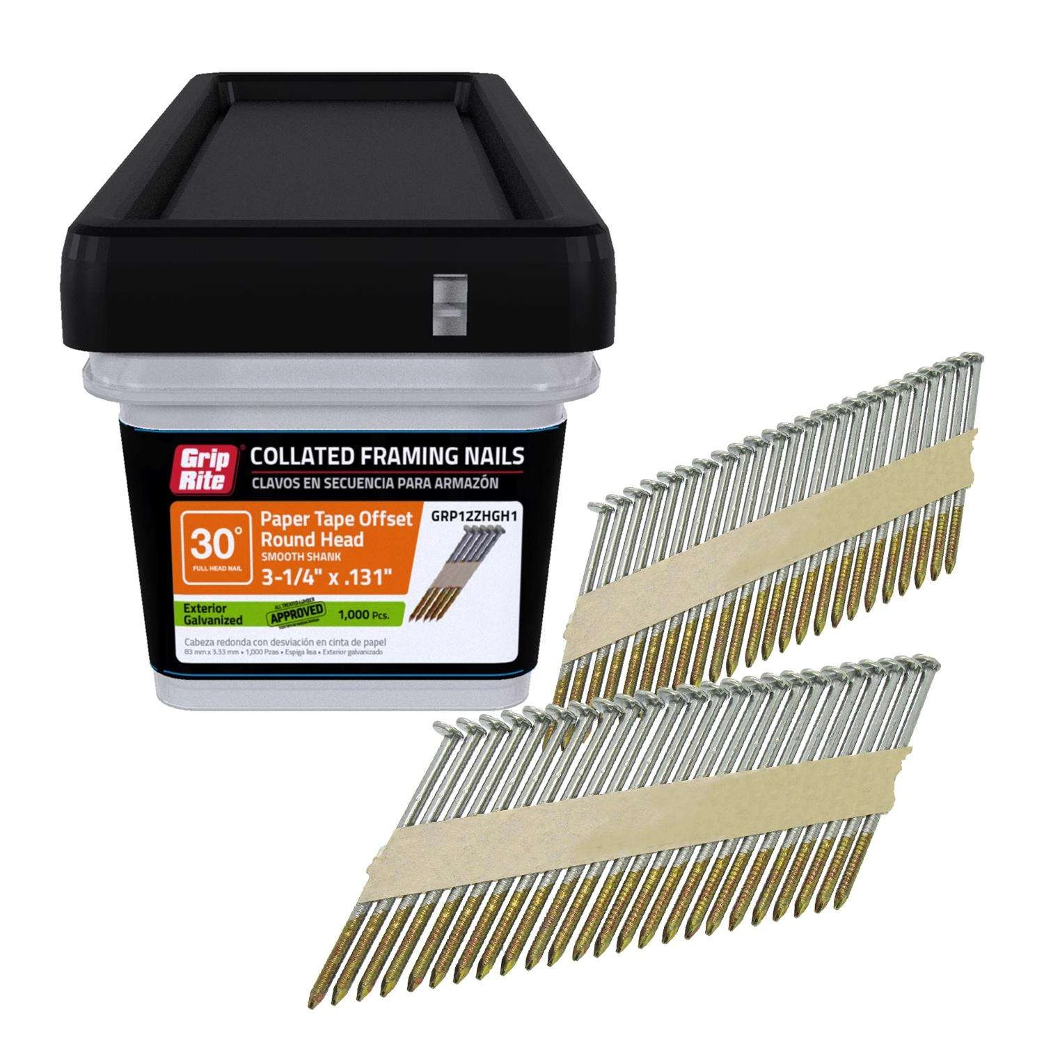 Grip-Rite 3-1/4 In. 12 Ga. Angled Strip Hot-Dip Galvanized Framing Nails 30 Deg 1000 Pk 2 Grip-Rite 3-1/4 In. 12 Ga. Angled Strip Hot-Dip Galvanized Framing Nails 30 Deg 1000 Pk - Image 2