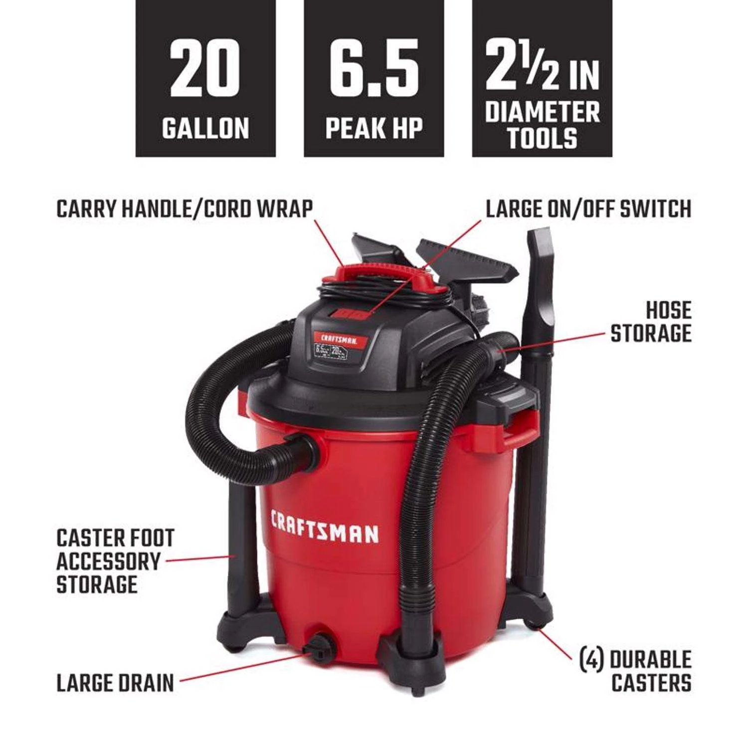 Craftsman 20 Gal Corded Wet/Dry Vacuum 12 Amps 120 V 6.5 HP 3 Craftsman 20 Gal Corded Wet/Dry Vacuum 12 Amps 120 V 6.5 HP - Image 3