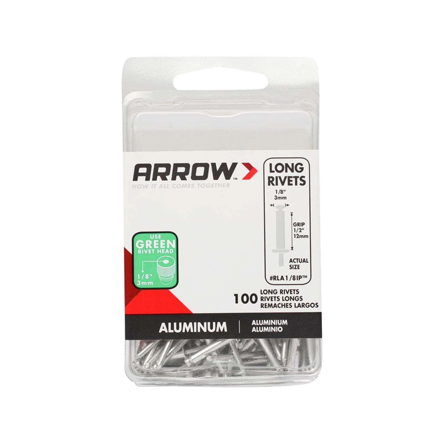 Arrow 1/8 In. D X 1/2 In. Aluminum Long Rivets Silver 100 Pk 1 Arrow 1/8 In. D X 1/2 In. Aluminum Long Rivets Silver 100 Pk