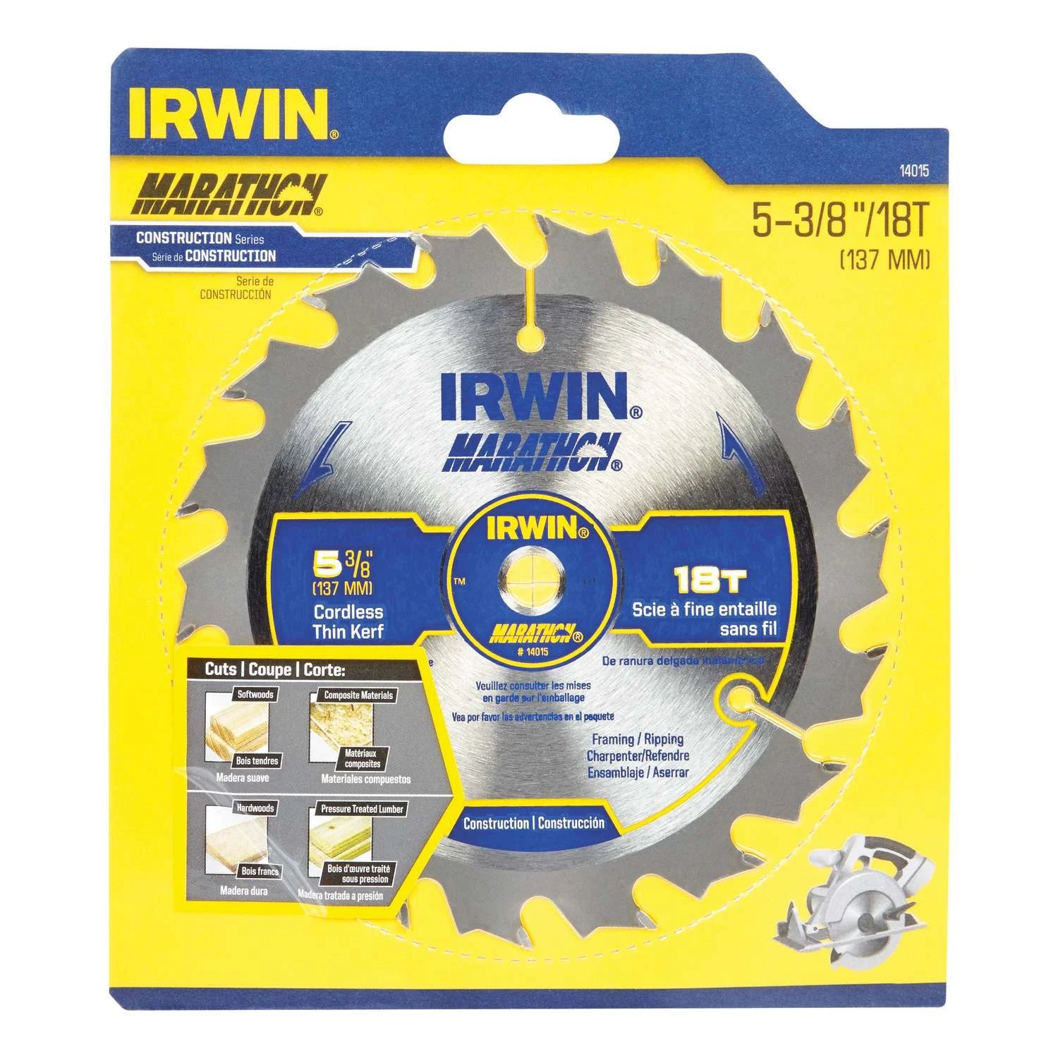 Irwin Marathon 5-3/8 In. D Carbide Circular Saw Blade 18 Teeth 1 Pk 2 Irwin Marathon 5-3/8 In. D Carbide Circular Saw Blade 18 Teeth 1 Pk - Image 2