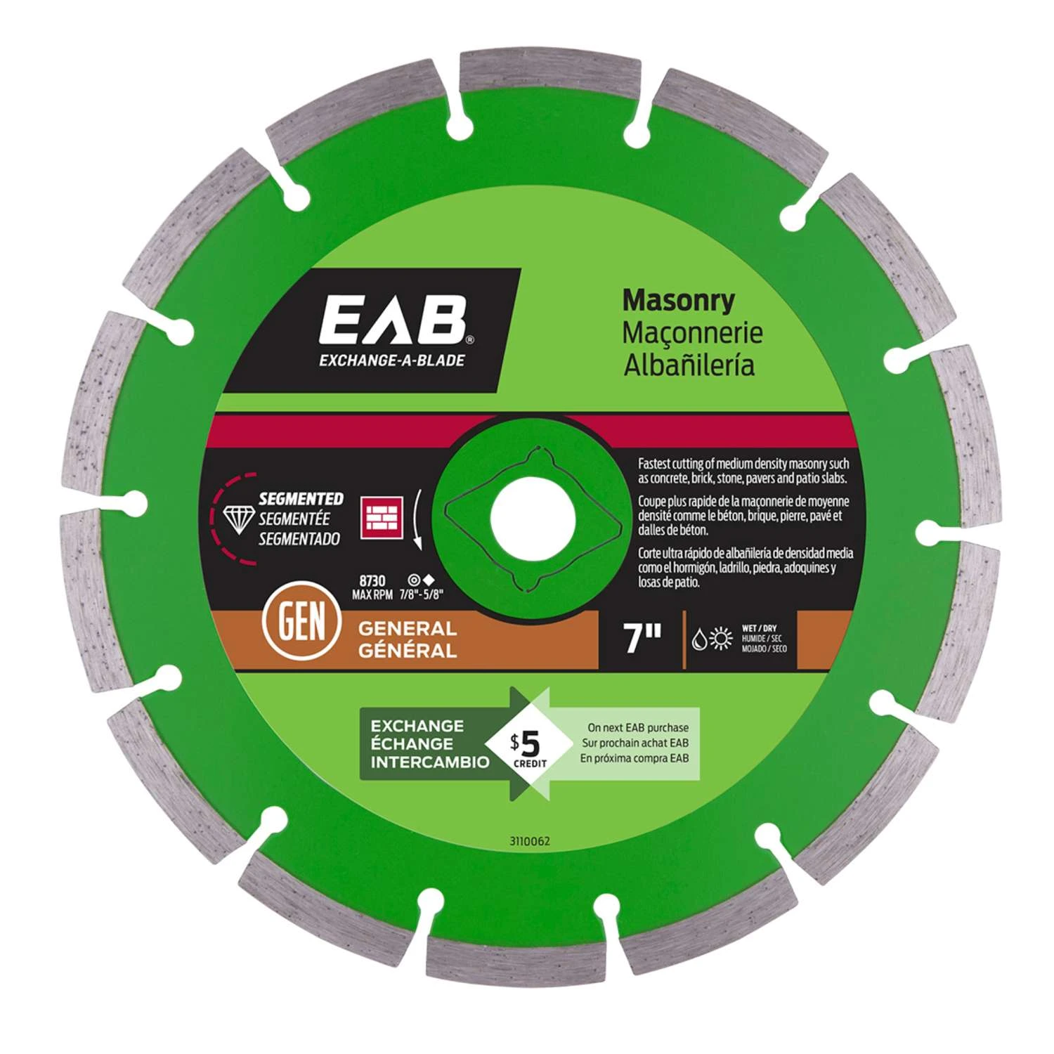 Exchange-A-Blade 7 In. D X 5/8 And 7/8 In. Diamond Segmented Rim Diamond Saw Blade 1 Pk 1 Exchange-A-Blade 7 In. D X 5/8 And 7/8 In. Diamond Segmented Rim Diamond Saw Blade 1 Pk